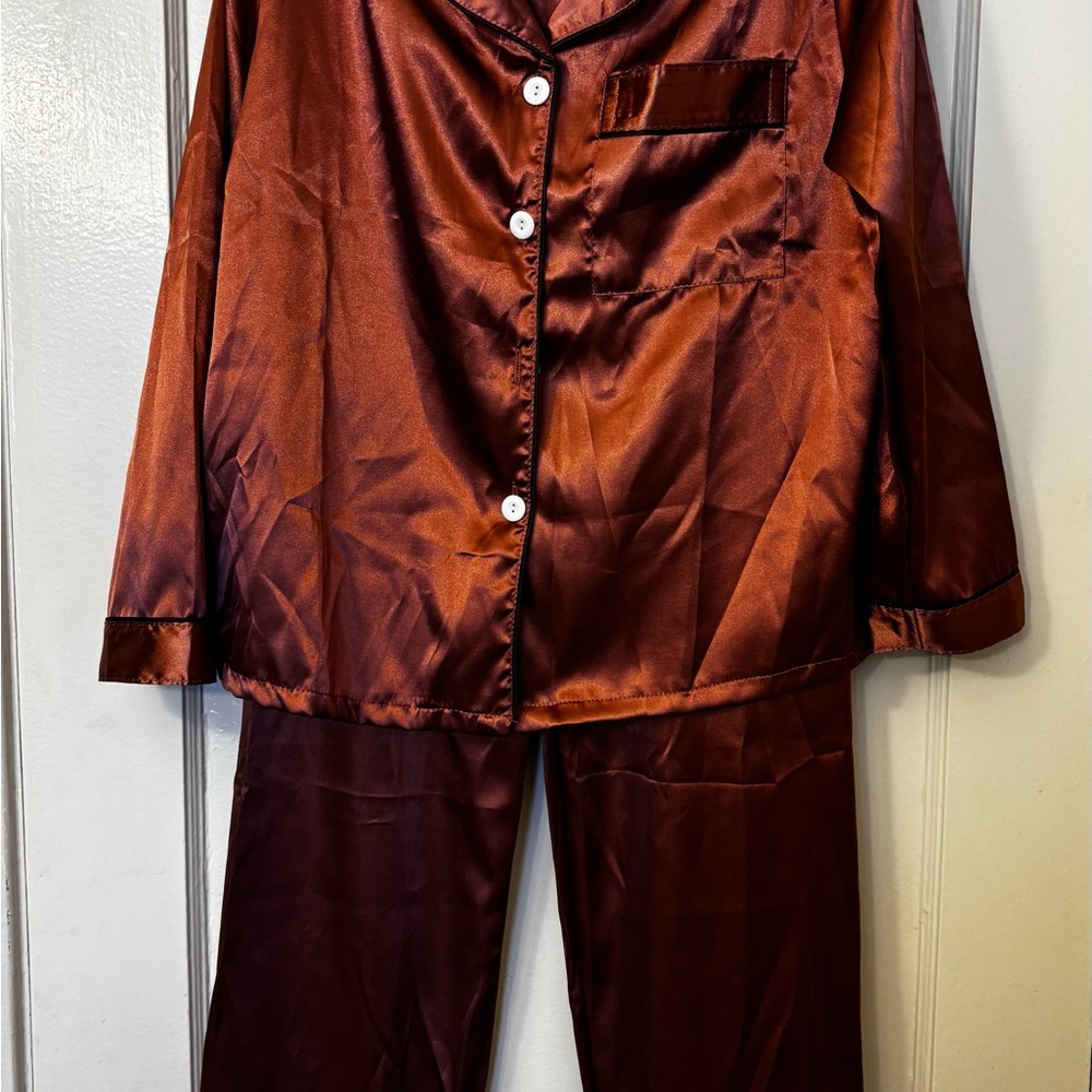 Satin Two-Piece Pajama Set in Deep Copper - Never Worn